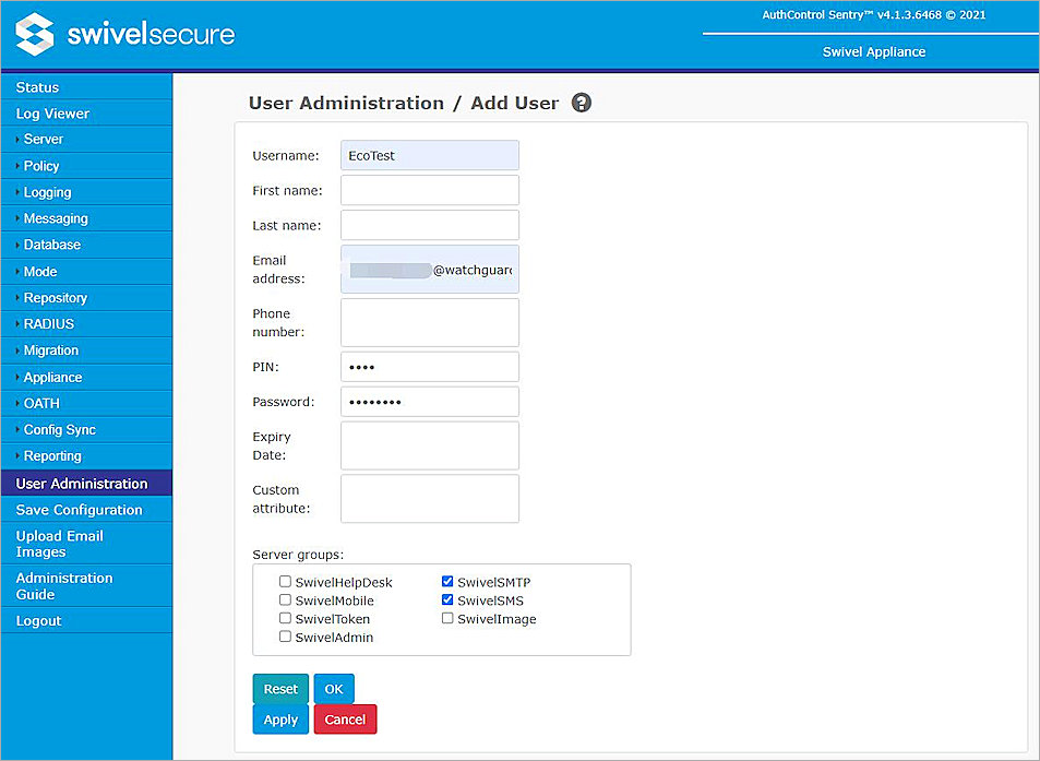 Screen shot of the User Administration Add User page